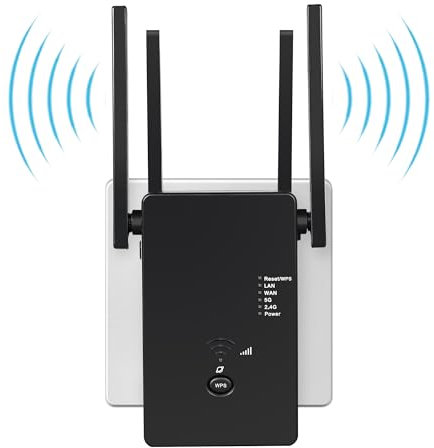 WLAN Repeater WLAN Verstärker 1200 Mbit/s,WiFi Repeater Dual-Band WiFi Booster Internet Verstärker mit Externen 4 Antenne Internet Booster Mit LAN/WAN Port,Kompatibel Allen WLAN Geräten