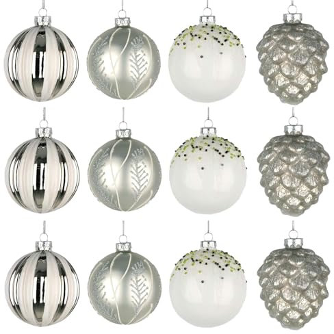 12Pcs/80mm Glass Baubles Christmas Tree Balls Spheres Hanging Ornaments Set Assorted Designs Xmas Tree Decorations, Silver,white