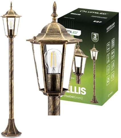 Lumiled Wegeleuchte Vintage Außenleuchte Außenstehleuchte 230V 1m Höhe Laterna Standlampe Aluminium Braun Gold Glas Wasserdicht für alle E27 Leuchtmittel Outdoor Garten Retro Gartenlampe