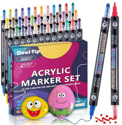 TEVILIK 36 Acrylstifte für Steine Wasserfest mit 1-5mm Doppelspitze, Acrylmarker Permanent Marker Stifte Bemalen für Glas Holz Keramik Leinwand Papier Zeichnen - Basteln Ostern,Ostergeschenke Kinder