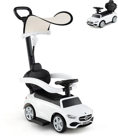 SOARS 3-in-1 Mercedes-Benz Rutschauto, Rutschfahrzeug mit Abnehmbarer Schiebstange, verstellbarem Sonnendach, Hupe, Stauraum, Spielzeugauto für Kinder ab 1 Jahr (Weiß)