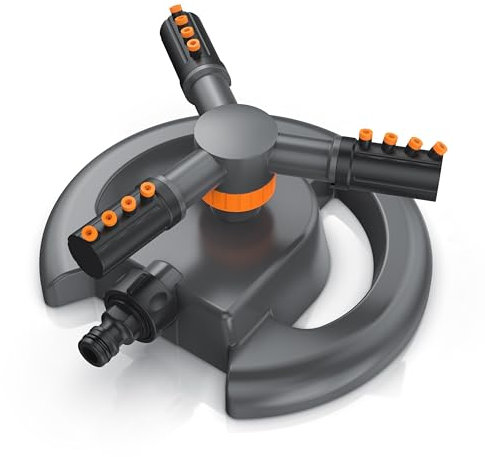 Brandson - Garden Sprinkler for Lawns - 3 Arms - 12 Nozzle Jets - 10m Range - 314 m² Coverage - Adjustable Spray Angles - Quick-Connect Adapter - Round Base