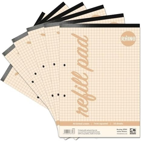 RHINO A4 Refill Pad, Writing Pad, 100 Page / 7mm Squared, 6 Pack, Cream Squared Writing Paper for Dyslexia & SEN, Office & School Stationery Supplies