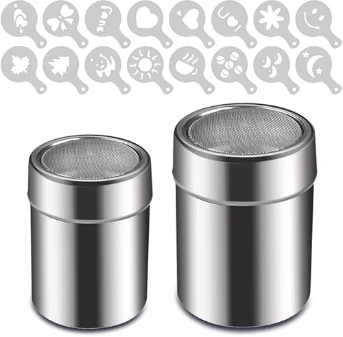 VIVIIHOO Set di 2 Shaker per Zucchero a Velo e Cacao, Acciaio Inox con 16 Stencil Latte Art, Setacciatore per Farina, Cannella, Cottura, Lavabile