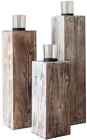 VIVANNO Windlicht Windlichtsäule Kerzenhalter Säule Recycling Holz Lumira Shabby Chic Weiß (3er Set 60/76/86 cm)