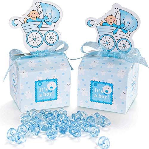 50 Stück Gastgeschenk Süßigkeiten Taufe Schachtel mit 50 Mini Dekoschnuller, Kinderwagen Muster Candy Box für Baby Junge Geburtstag Taufe Neugeborenen Babyparty Shower Konfirmation Kommunion Blau