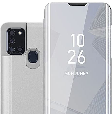 Cadorabo Hülle kompatibel mit Samsung Galaxy A21s Schutzhülle TPU Silikon Case 360 View Spiegel, Slim Kratzfest Weiche Gummi mit Rundumschutz Cover Hülle für Galaxy A21s in Silber