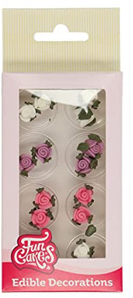 FunCakes Décorations en sucre Roses avec feuilles: Prêt à utiliser pour la décoration de gâteau, Parfait pour les cupcakes, les muffins et plus, Certifié sans gluten, Set / 16