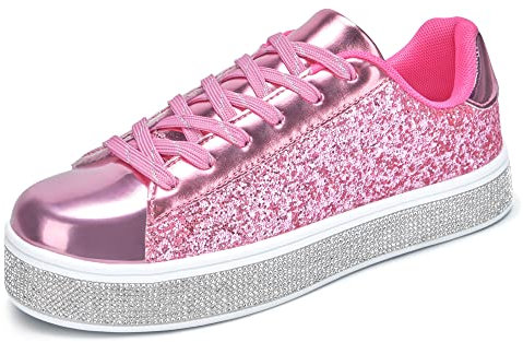 UUBARIS Damen-Tennis-Sneaker, glitzernd, neonfarben, glitzernd, Strass, Bling, Hochzeit, Brautschuhe, glänzende Paillettenschuhe, pink, glitter, 43 EU