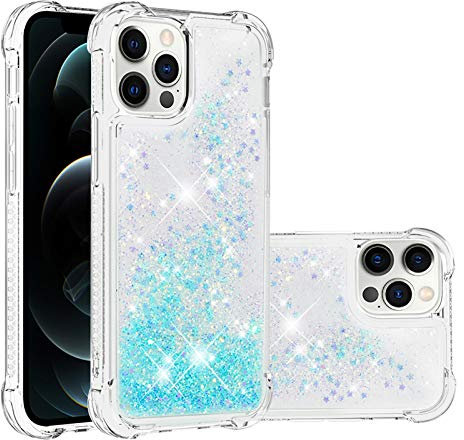 IMIRST Silicone Cover per Apple iPhone 12 Pro, Airbag Protezione Anticaduta Glitter Bling Liquido Custodia Sparkly Donne TPU Morbido Quicksand Case per Apple iPhone 12 Pro. YBW Star Blue