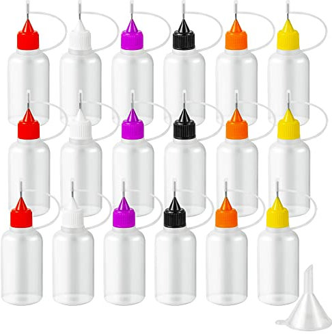 YEAJOIN Lot de 18 flacons applicateurs de colle à pointe aiguille de précision, 6 couleurs, 30 ml, flacon à presser avec mini entonnoir pour peinture, papier, quilling, colle, encre, peinture