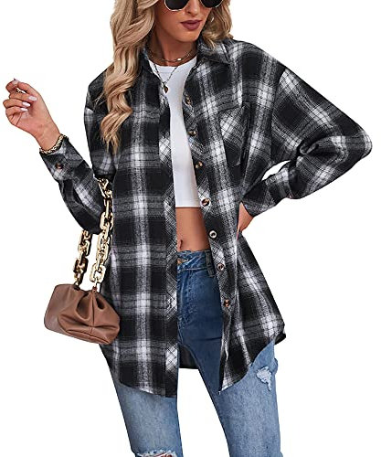 Buliezy Chemise Femme a Carreaux Manche Longue Chemisier élégant Chemise Classique Coton Plaid Veste,Noir,M