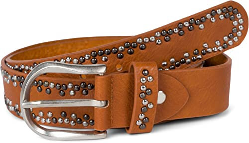 styleBREAKER Nietengürtel mit mehrfarbigen kleinen Nieten, Gürtel Kunstleder Einfarbig, kürzbar, Hüftgürtel Unisex 03010071, Farbe:Cognac, Größe:85cm