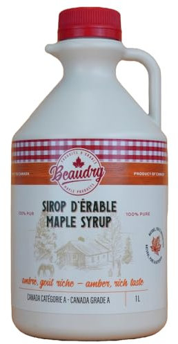 Sirop d'érable en cruchon de 1 litre - Ambré - Direct producteur - 100% pur du Canada - Les Trésors d'érable - Authentique et 100% naturel - Parfait pour les pancakes et desserts