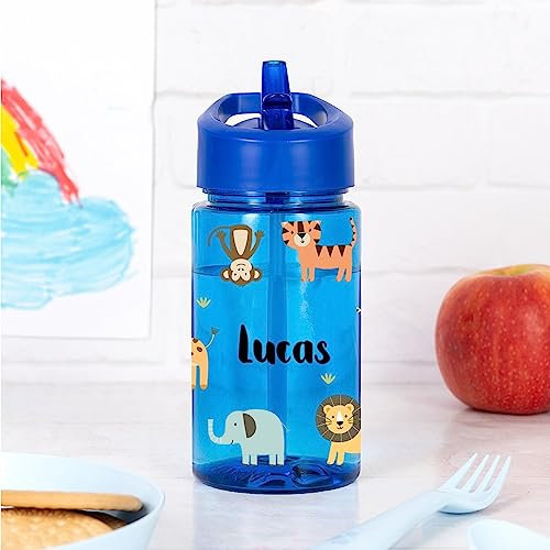 Wanapix | Botella Infantil Personalizada| Botella de Agua para Niños | Con Pajita y Asa Transporte | Colegio/Guardería | Plástico Libre BPA | 440 ml | Azul - Animales