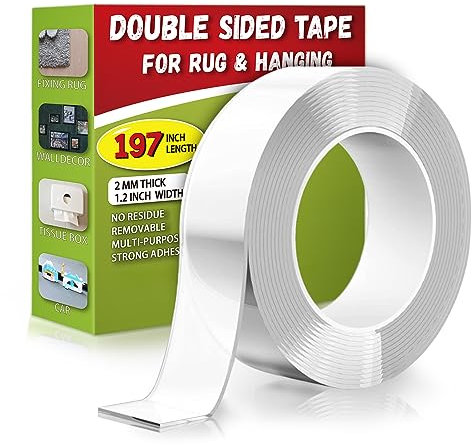 Birllaid Verlängertes doppelseitiges Klebeband für Teppich oder zum Aufhängen 197 x 1.2Heavy-Duty,abnehmbar -klares & starkes Klebeband zum Aufhängen,für Bilder,Poster,Teppich,Wand,Haus