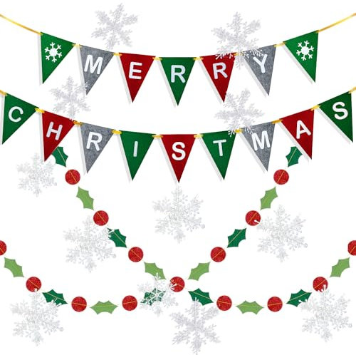 YBwanli 15 Stück Weihnachten Bunting Banner, Weihnachten Girlande,Merry Christmas Banner,Schneeflocken Weihnachten Deko,Geeignet zum Dekorieren von Wänden,Weihnachtsbaum,Decken und Kaminen