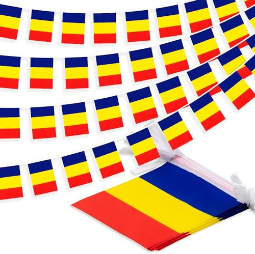 Striscione con bandiera della Romania, piccolo mini bandierine rumene, decorazione nazionale per scuola, feste, eventi sportivi, festival patriottici, 10 m e 30 bandiere