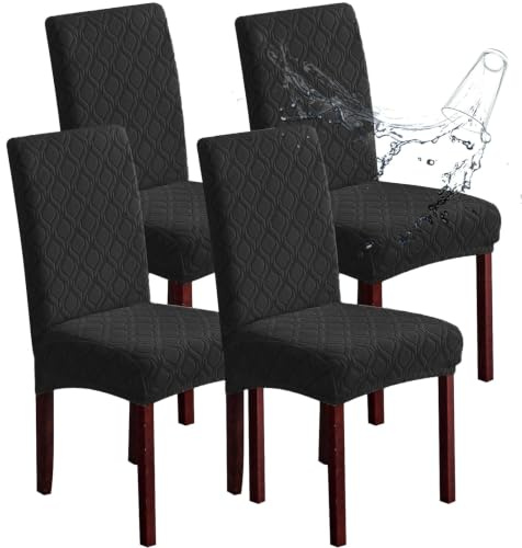 KELUINA Stuhlhussen Stretch Punktmuster Wasserabweisend Schwarz 4er Set | Wasserabweisende Stretch Stuhlhussen mit Punktmuster für Esszimmer, Küche und viele Polsterstühle.
