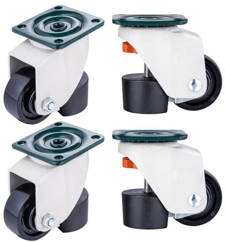 KATSU Rotelle Livellanti 4Pezzi, Capacità Carico Statico 150KG, Diametro 40mm Rotelle Girevoli Livellanti Retrattili Ruote Piastra Altezza Regolabile per Carrello Mobili Carrello Banco Lavoro