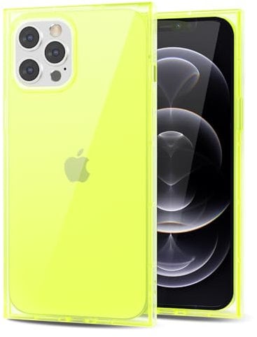 Svanove for iPhone 12/12 Pro Clear Case Square Rectangle Edge, Transparent Aesthetic Trendy Girly Neon Bright Silicone Rubber Phone Case for Women, Thin Slim TPU Bumper Protective Cover, Neon Green