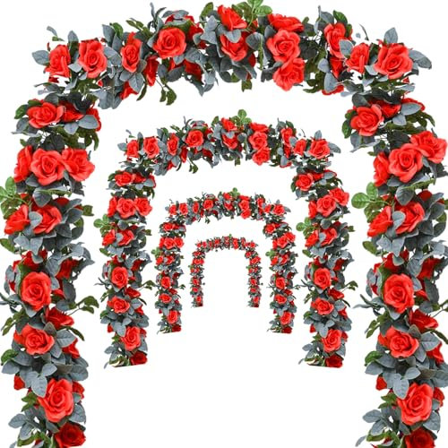 Bacucine Ghirlanda di fiori con rose rampicanti artificiali da 7,1 m, con foglie verdi, rampicanti da appendere, per matrimoni, feste, giardino, casa, decorazione da parete (rosso)