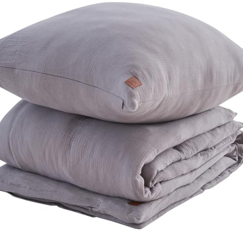 ADDSOUL Musselin Bettwäsche Set 155x220cm + 80x80cm Grau Bettwäsche Set Oeko Tex Knitterlook Bügelfrei Allergikerfreundlich mit Reißverschluss 100% Baumwolle Doppel Gauze