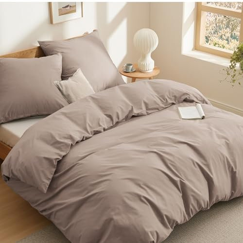 BEDSURE Bettwäsche 155x220 Baumwolle Khaki - Bettwäsche-Sets 155 x 220 cm Bettbezug 3teilig mit 2 Kissenbezüge 80x80 cm, Oeko-TEX Bedding Taupe mit Reißverschluss