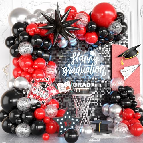 Rot und Schwarz Ballonbogen Kit, Rot Schwarz Silber Luftballons Girlande Bogen Kit, Stern Folienballons, Silber Konfetti Ballon für Abschlussfeier Geburtstag Jahrestag Verlobung Party Hochzeit