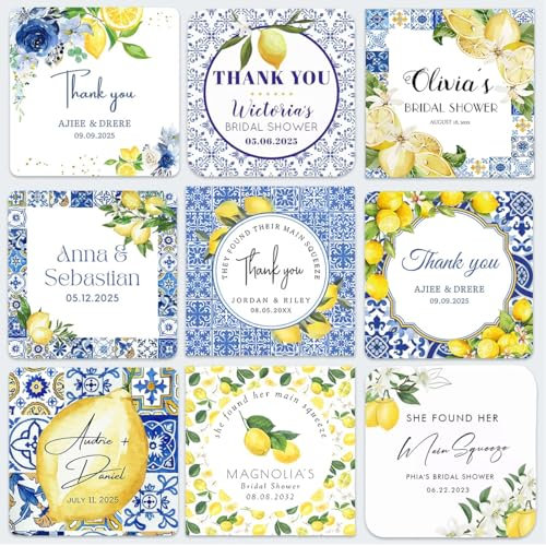 100 Stück personalisierte Zitronen-Geschenketiketten, anpassbare blaue Fliesen- und Zitronen-Brautparty-Aufkleber, benutzerdefinierte quadratische Aufkleber