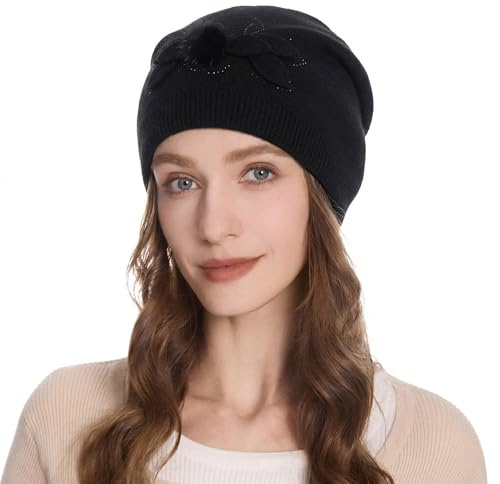 ZLYC Damen Strickmütze Doppellagig mit Blumenmuster Skull Cap