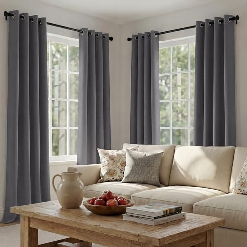 PONY DANCE Thermovorhang Hitzeschutz Graue Blickdichte Vorhänge mit Ösen 4er Set H 245 x B 140 cm, Abdunkelnde Gardinen für Wohnzimmer & Schlafzimmer Verdunkelungsvorhang