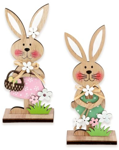 ROKZELT 2 Pezzi Supporti Decorativi per Pasqua - Coppia di Coniglietti Pasquali con Uova di Pasqua - Coniglietti Pasquali da Stare in Piedi - Decorazione Pasquale in Legno