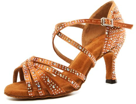 SWDZM Women's Rhinestone Dance Shoes Ballroom Latin Salsa Performance Practice Dancing Shoes,Bronze,Heel 3'',US 8
