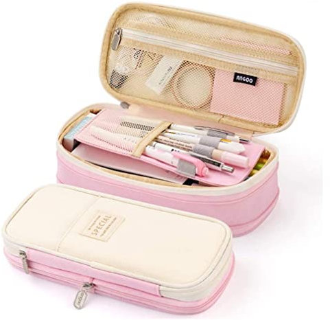 iSuperb Federmäppchen mit Mehreren Fächern, 3 Reißverschlüssen, quadratisches Gitter, Kosmetiktasche, Organizer, Rosa und Beige, Modern