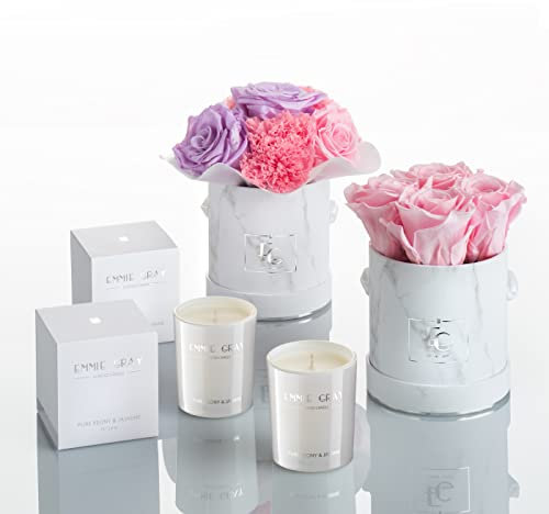 EG EMMIE GRAY You & ME Set – 2 Rosenboxen inkl. 2 Duftkerzen, Infinity Rosen in Bridal Pink und Baby Lilli, Flowerbox in Marmor Silber (XS))