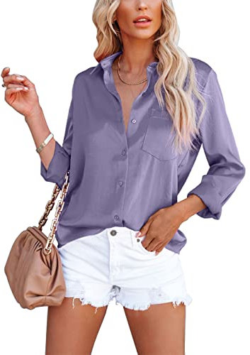Homlan - Camicia da donna elegante con scollo a V, in raso, a maniche lunghe, casual, con tasca sul petto, viola., M