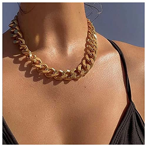 Dervivea Punk Chunky Chain Necklace Gold Cuban Link Chain Necklaces Hip Hop Turnover Necklace Gothic Thick Chain Statement Necklace for Women and Girls