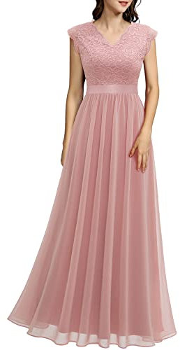 Dressystar Damen Abendkleider Elegant für Hochzeit Brautjungfernkleider Spitze Chiffon Maxi Lang Ballkleider Ärmel Blush M