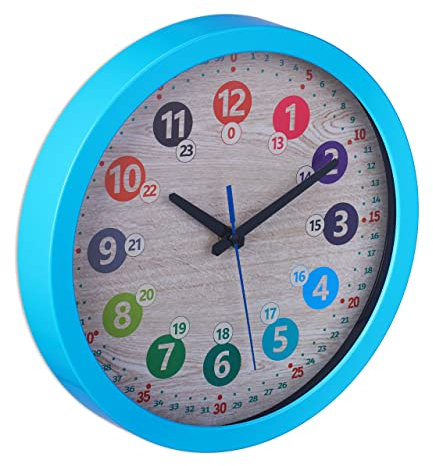 Relaxdays Wanduhr Kinder, Ø 30 cm, Bunte Zahlen, Uhrzeit Lernen, Kinderzimmeruhr Jungen & Mädchen, Kinderuhr Wand, blau