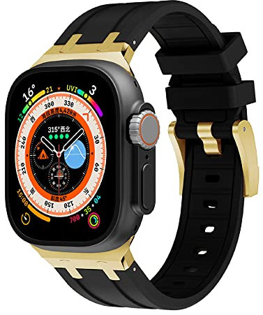 VeveXiao Correa resistente de diseño de lujo compatible con Apple Watch Ultra Band de 49mm 45mm 44mm 42mm, correa de silicona impermeable de repuesto para iWatch Series 8 7 6 5 4 3 2 1 SE,Negro dorado