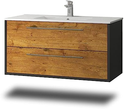 Stil.Zeit Evelia Badmöbel inkl. Waschbecken | Waschtisch mit Unterschrank 100.5 cm | Anthrazit/Dekor Eiche Rustikal| Metallgriffe/hängend