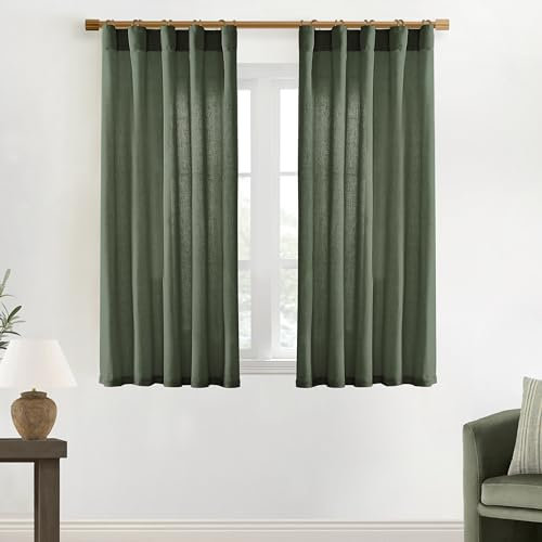 XTMYI Kurze Vorhänge für Schlafzimmer, Stangentasche, Rückenlasche, Leinen, Boho, kleiner Vorhang für Küche, Dusche, Badezimmer, Fenster, 137 cm Länge, dunkles Olivgrün