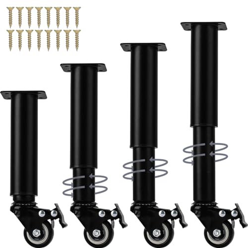 Lot de 4 pieds de meubles réglables en métal de 24 à 36 cm avec roulettes pivotantes, pieds de support de rechange robustes pour armoire/étagère de stockage/chaise/commode/table basse