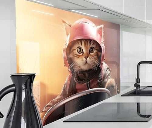 timalo Spritzschutz Wand für Herd, Küche Küchenrückwand Glasoptik | Acryl Glas 2mm | Glasrückwand Acrylglas Wandpaneele Rückwandschutz Platte | 80x50cm Lustige Katze mit Helm