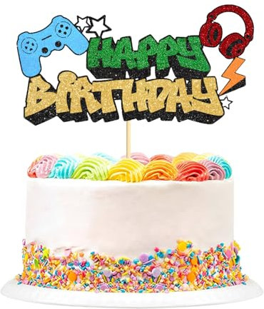 1 Pack Video Game Happy Birthday Cake Topper, Glitter Video Game Cake Pick Game On Controllers Gaming Cake Toppers, Perfect for Game Theme Birthday Decorations Party Supplies (ageless)