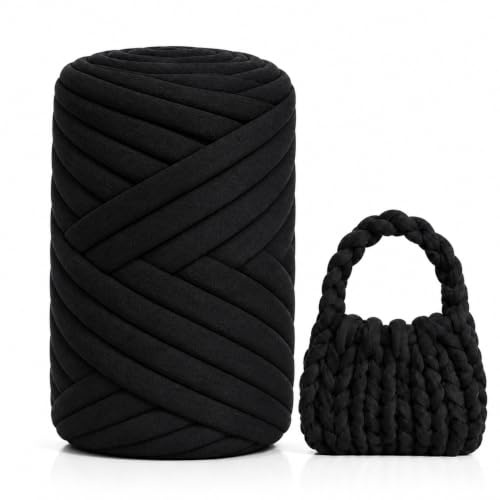 Armstricken Wolle 500g 25m, XXL Extra Dickes Schlauchgarn zum Handstricken | 2cm Grob Gestrickte Handstrickgarn, Dicke Wolle Sperrige Chunky Yarn für DIY Taschen Decken Körbe Haustiernester (Schwarz)