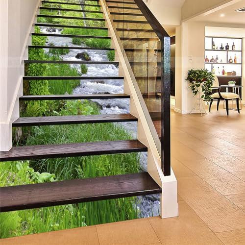 FLFK 3D Fluss im Gras Land Selbstklebend Treppe Aufsteher Wandmalerei Vinyl Abziehbild Tapezieren Aufkleber 39.3Zoll x7.08Zoll x 15stücke