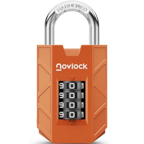 NovLock Combination Padlock, Sturdy 4-Digit Lock for Lockers, Sheds & Gates | Sturdy & Secure, Easy-Read Dials, Weatherproof, Hardened Steel Shackle, for Lockers, Cabinets, Sheds & Gates, 1-Pack, Orange