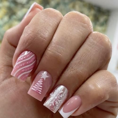 24 Stück Rosa Weihnachtsbaum-Drücken auf Nägel | Kurze quadratische künstliche Nägel mit Kleber | Festliche French Tip Nagelkunst | Heim-Maniküre DIY für Frauen und Mädchen,Lustiges Party-Maniküre-Set